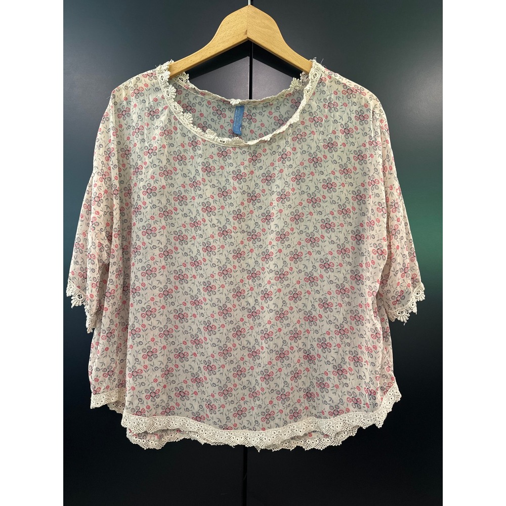 Free People Womens Floral Lace Trim Boho Blouse Cream‎ Red Short Sleeve Small
